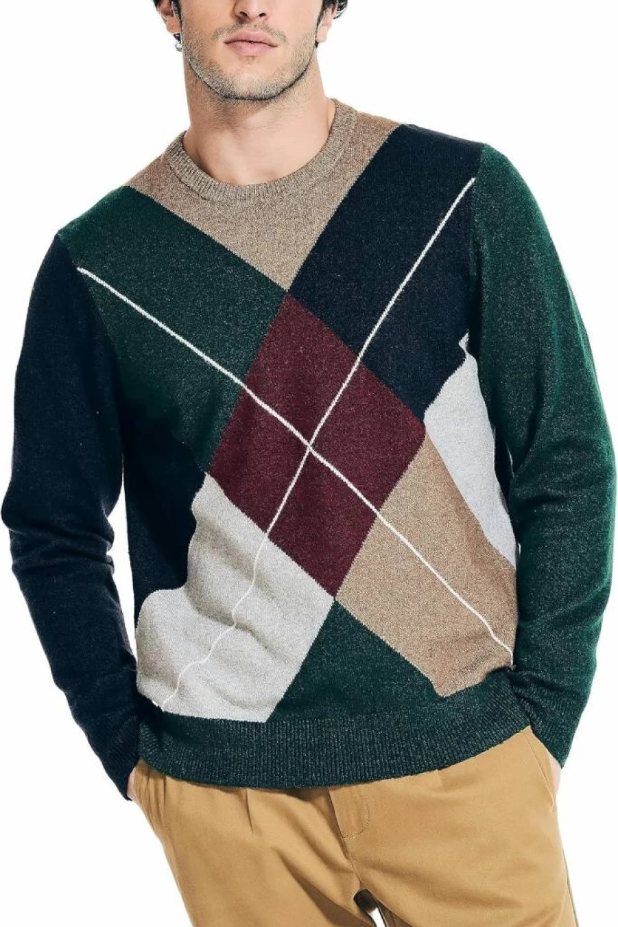 Nautica Men's Sustainable Argyle Knit Crewneck Sweater - Eco-Friendly Cotton Blend Jumper