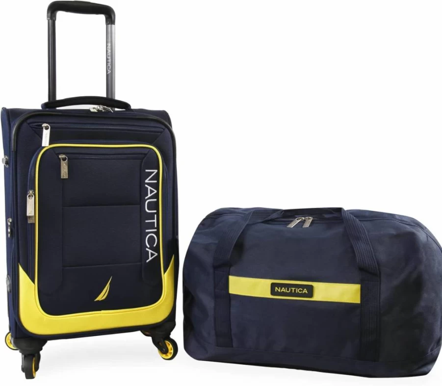 Nautica Pathfinder 2-Piece Softside Luggage Set in Grey and Orange – Lightweight Travel Suitcase with Spinner Wheels