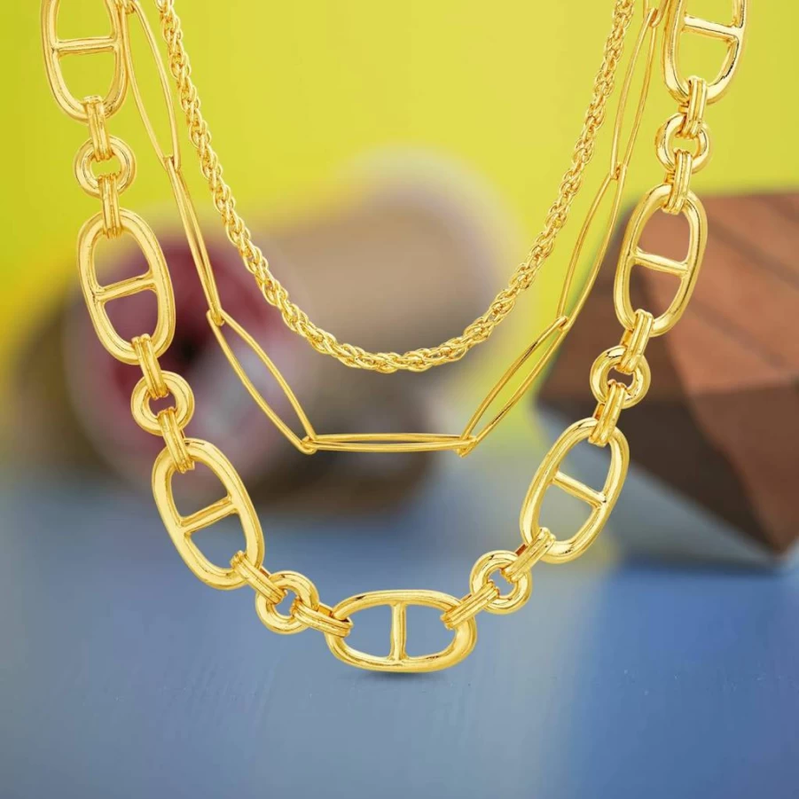 Nautica Women's Fashion Layered Yellow Gold Rope & Paperclip Chain Necklace 16-20 Inch Adjustable Statement Jewelry