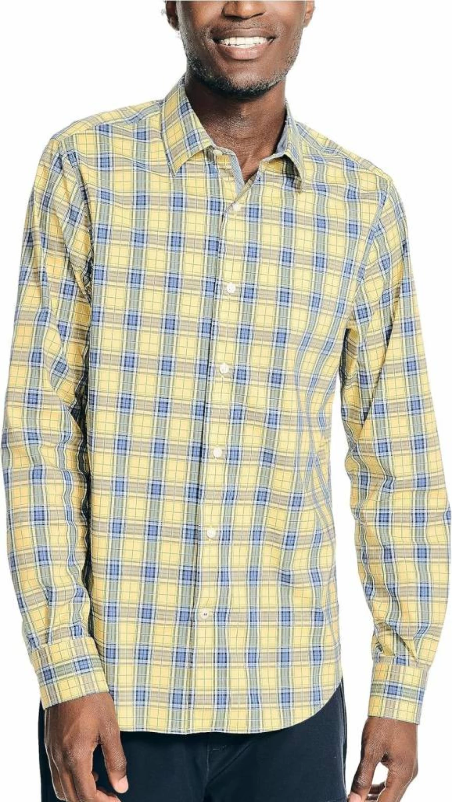 Nautica Men's Slim Fit Plaid Button-Down Shirt – Classic Navy & Red Checkered Casual Long Sleeve Top
