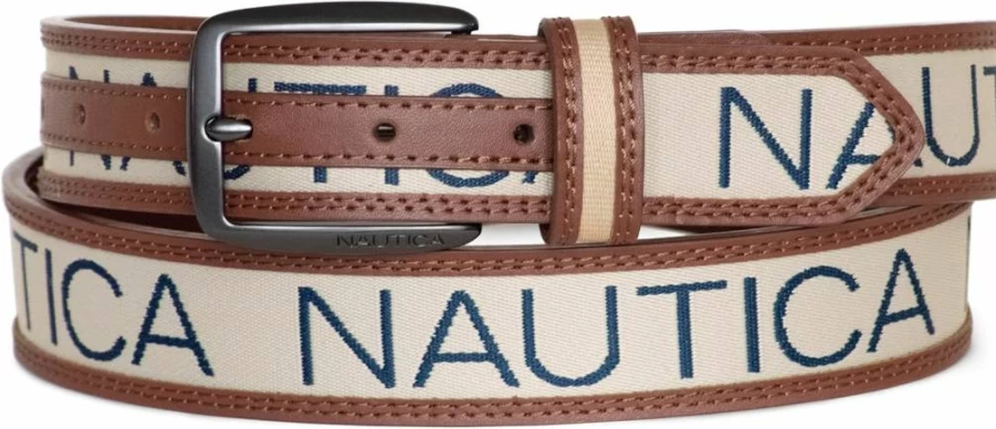 Nautica Men's Classic Casual Leather & Canvas Belt with Metal Buckle, Ribbon Detail, and Flag Design | Signature Style