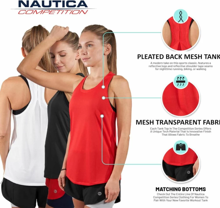 Nautica Women's Competition 3-Pack Dry-Fit Workout Tank Tops for Gym, Running, Yoga & Athletic Activities