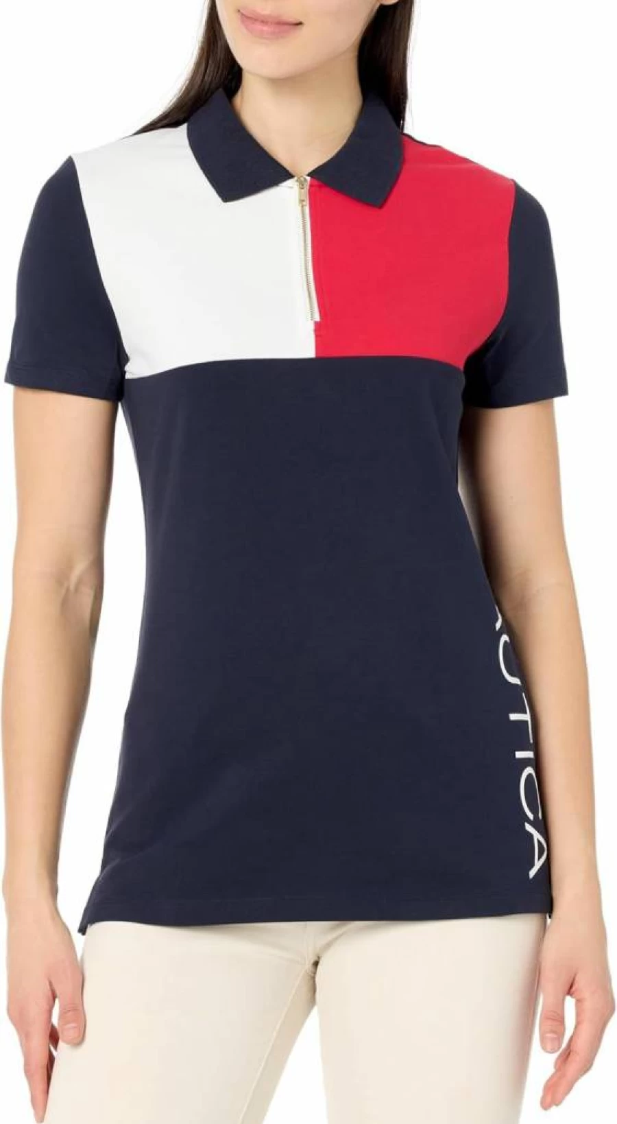 Nautica Women's 1/4 Zip Placket Polo Shirt Short Sleeve Casual Top