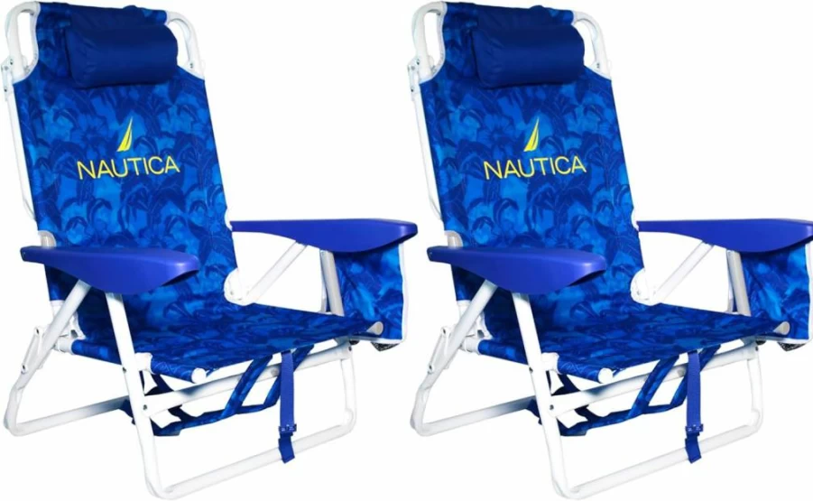 Nautica 2-Pack Beach Chair Set with Adjustable 5-Position Backrest, Padded Pillow, Cup Holders & Insulated Cooler Bag - Portable Backpack Design in Dotty Palm Rainbow Pattern