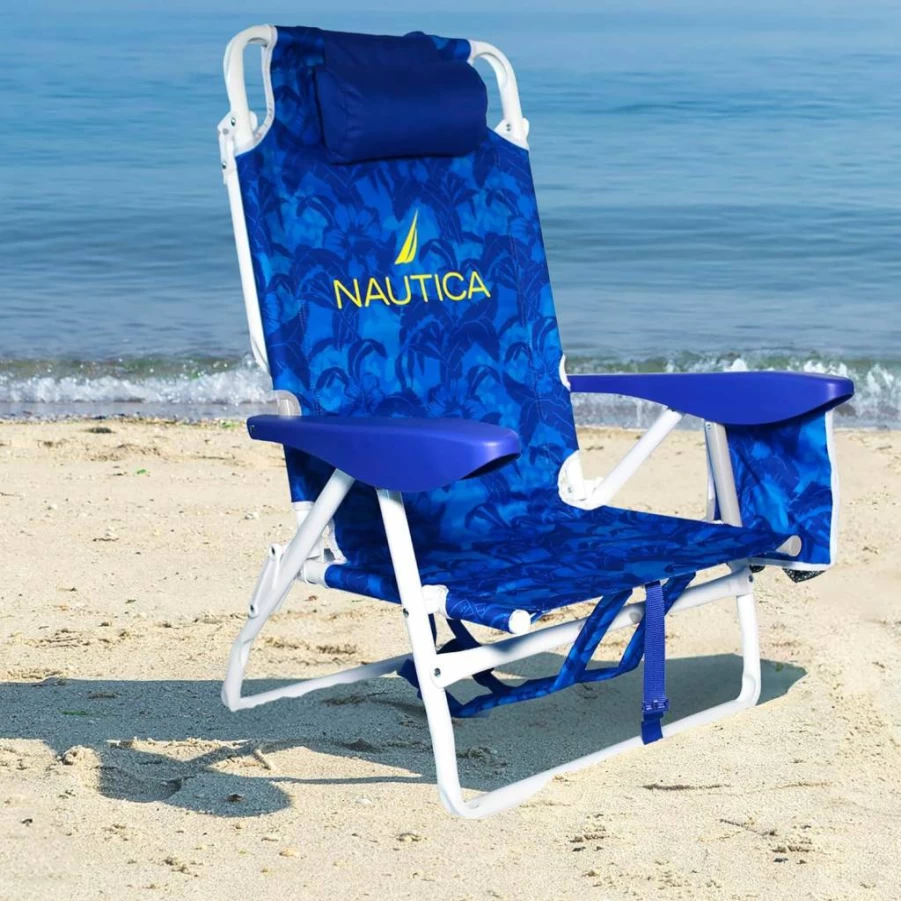 Nautica 2-Pack Beach Chair Set with Adjustable 5-Position Backrest, Padded Pillow, Cup Holders & Insulated Cooler Bag - Portable Backpack Design in Dotty Palm Rainbow Pattern