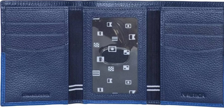 Nautica Men's Genuine Leather RFID Blocking Trifold Wallet with ID Window & Multiple Card Slots | Durable Design