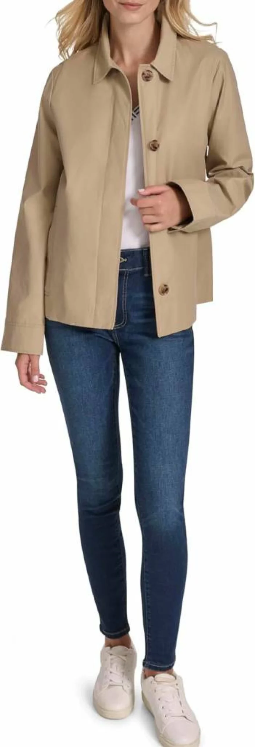Nautica Women's Cropped Trench Coat - Solid Color Lightweight Jacket for Spring & Fall