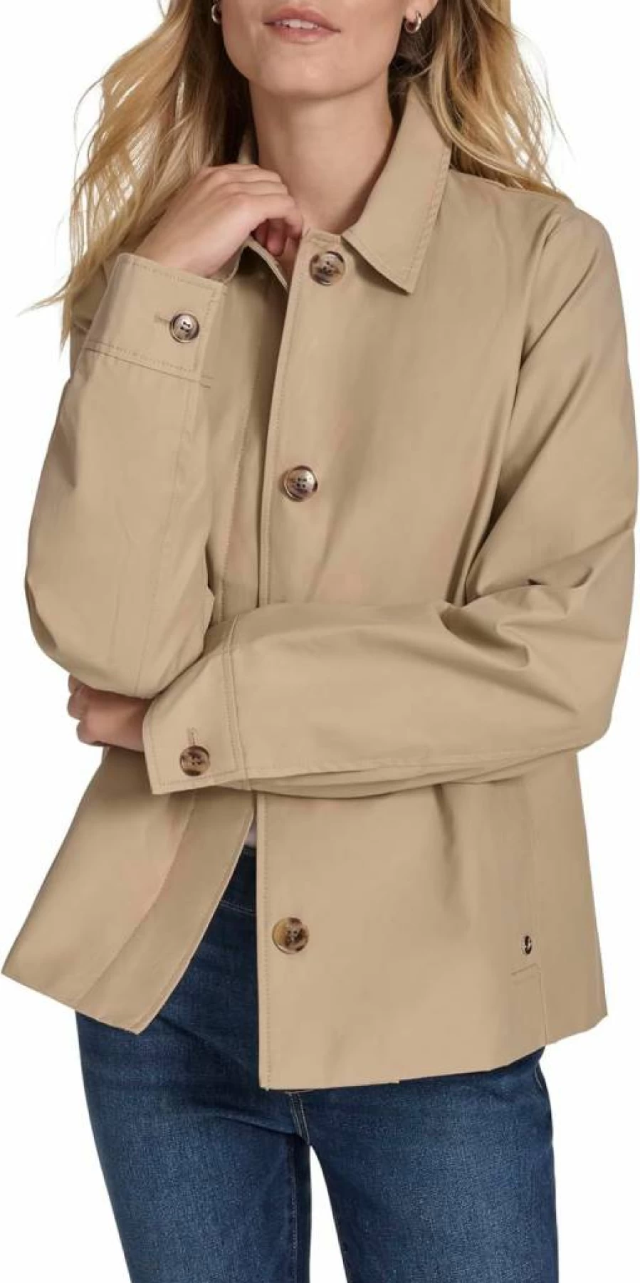 Nautica Women's Cropped Trench Coat - Solid Color Lightweight Jacket for Spring & Fall