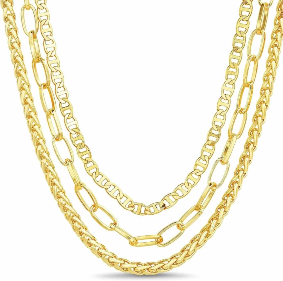 Nautica Women's 14K Gold Plated Layered Chain Necklace - Three Row Brass Statement Necklace Jewelry