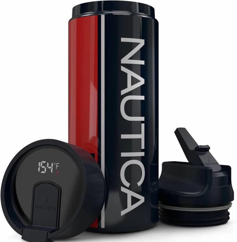 Nautica Stainless Steel Vacuum Insulated Smart Tumbler - 32oz LED Display Water Bottle with Straw, Leakproof Lid, Hot & Cold Retention, Sports Edition (Navy Red)