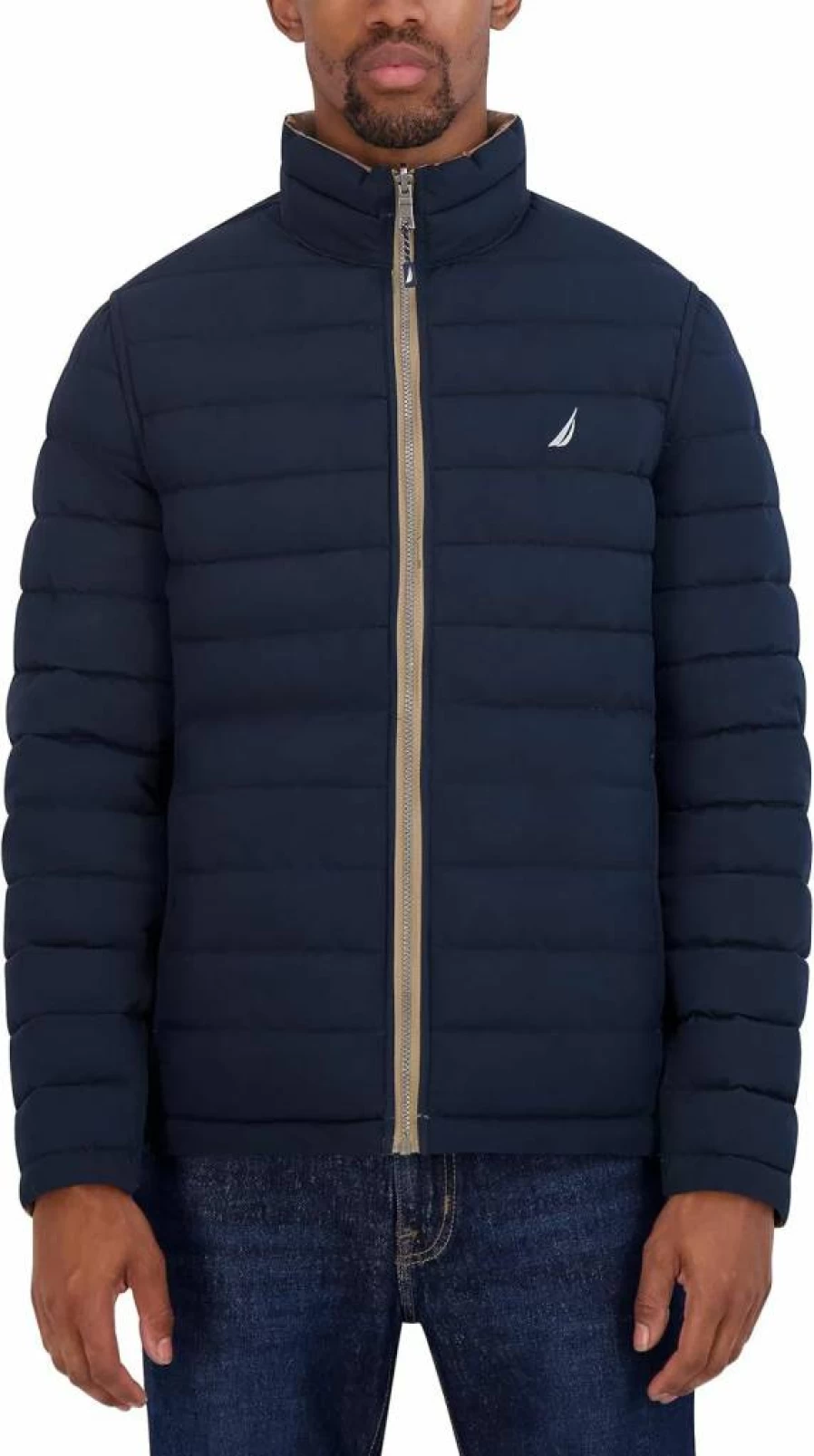 Nautica Men's Reversible Windproof Water-Resistant Puffer Jacket with Stretch Midweight Design