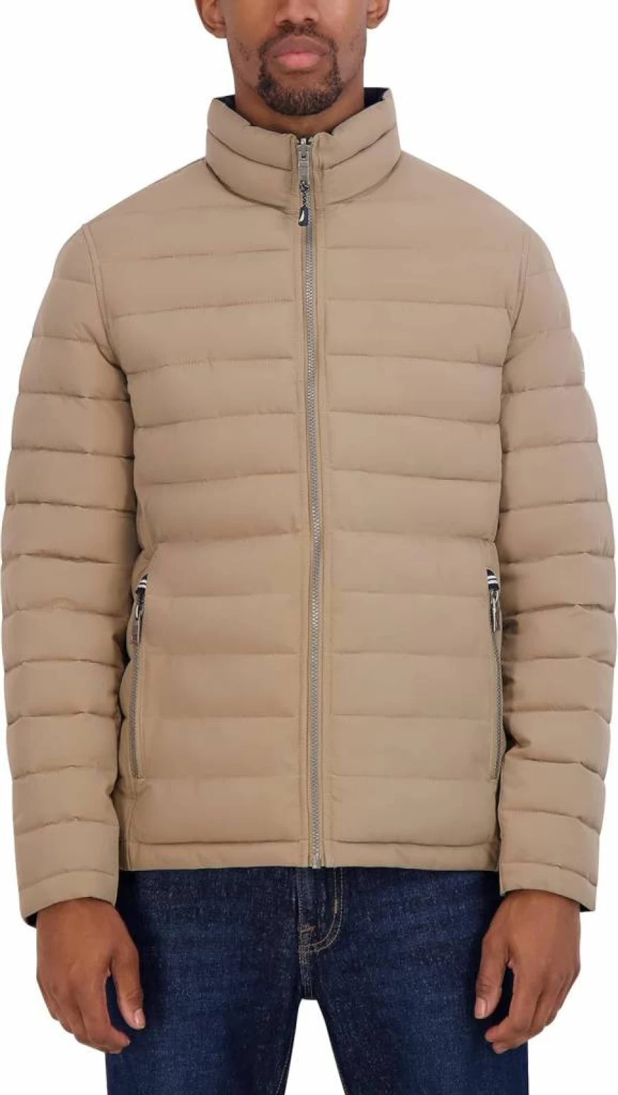 Nautica Men's Reversible Windproof Water-Resistant Puffer Jacket with Stretch Midweight Design