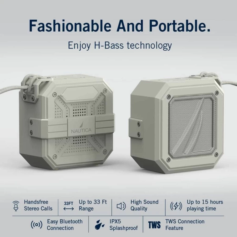 Nautica Waterproof Bluetooth Speaker with 15-Hour Playtime, Loud Clear Audio, USB Drive, Portable Wireless Outdoor Patio Speaker (Gray/Green)