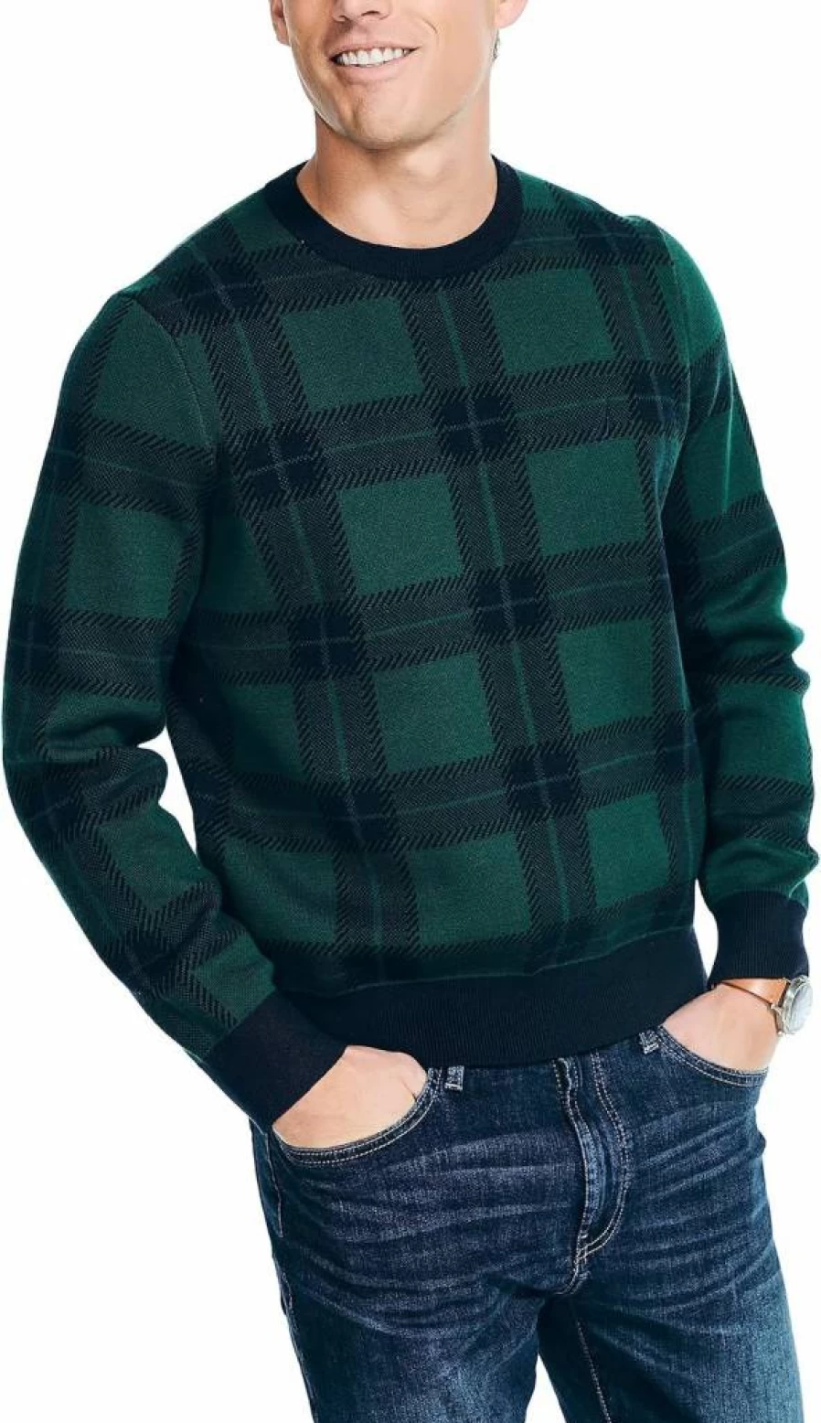 Nautica Men's Jacquard Knit Crewneck Sweater - Classic Plaid Design for Stylish Comfort