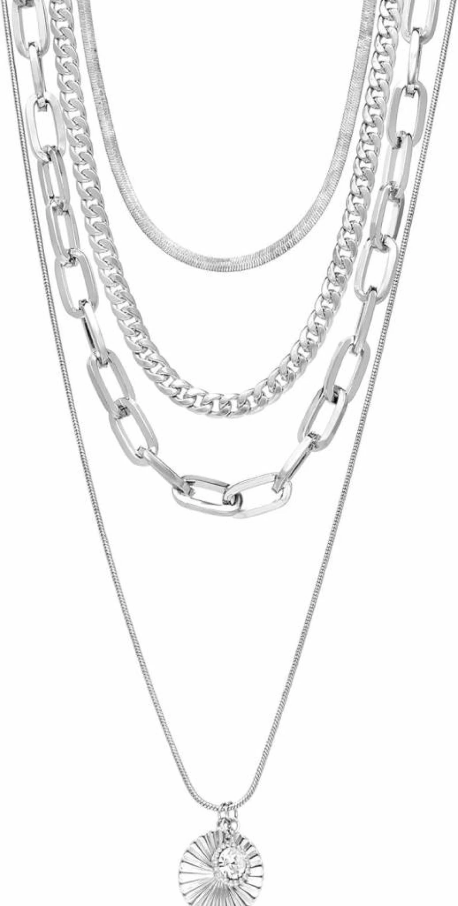 Nautica Women's 14K Gold Plated Layered Chain Necklace with Pendant & White Stones - Four Row Brass Fashion Jewelry