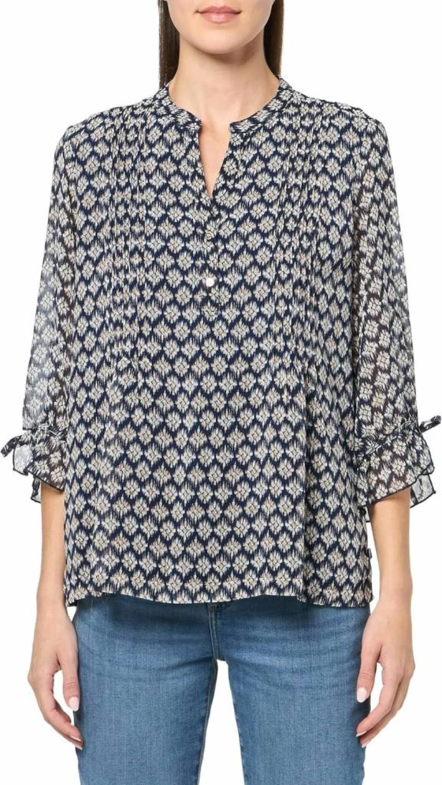 Nautica Women's Foulard Print Pintuck Blouse - Stylish Mixed Media Top for Women