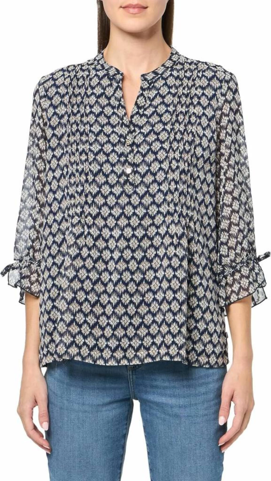 Nautica Women's Floral Print Pintuck Blouse - Stylish Mixed Media Foulard Design Top