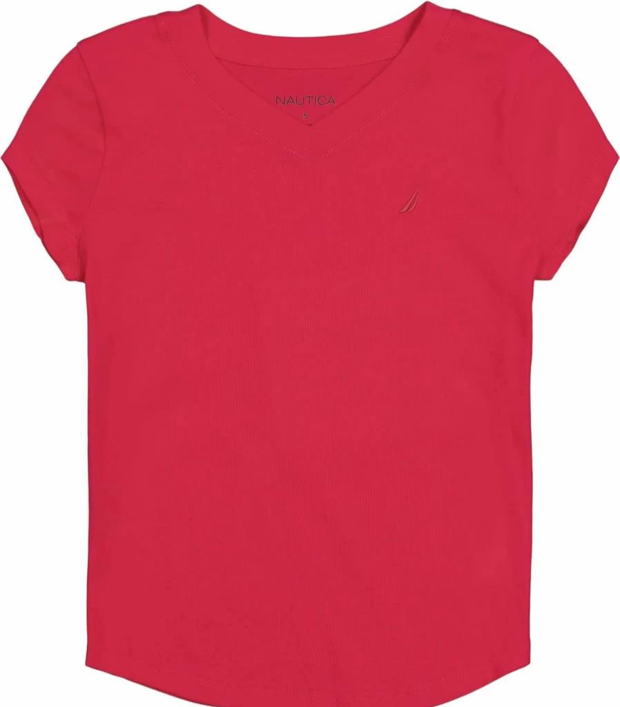 Nautica Girls' Cotton Blend Short Sleeve V-Neck Tee - Tagless Comfort Fit Solid Color T-Shirt