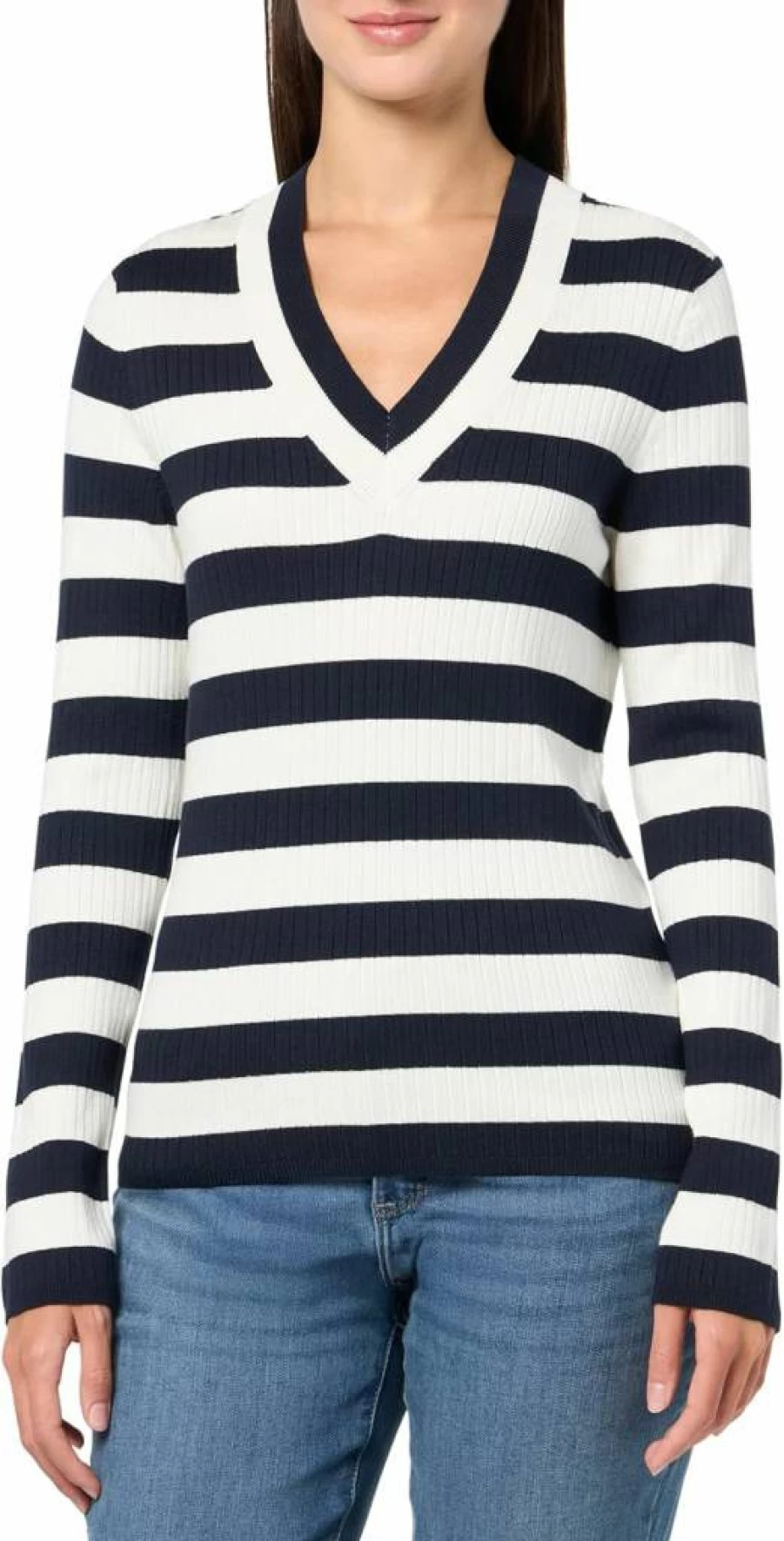 Nautica Women's Striped Ribbed Knit Sweater Long Sleeve V-Neck Top