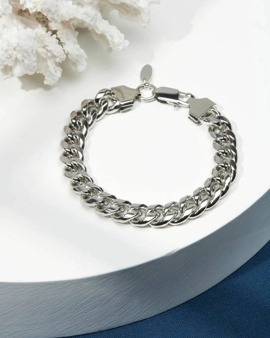 Nautica Men's Stainless Steel Miami Cuban Link Chain Bracelet for Men - Flat Rope Design