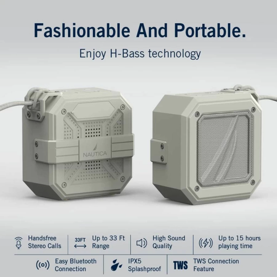 Nautica Waterproof Bluetooth Speaker - Portable Wireless Outdoor Speaker with 15-Hour Playtime, Loud Clear Sound, USB Drive, Black/Green