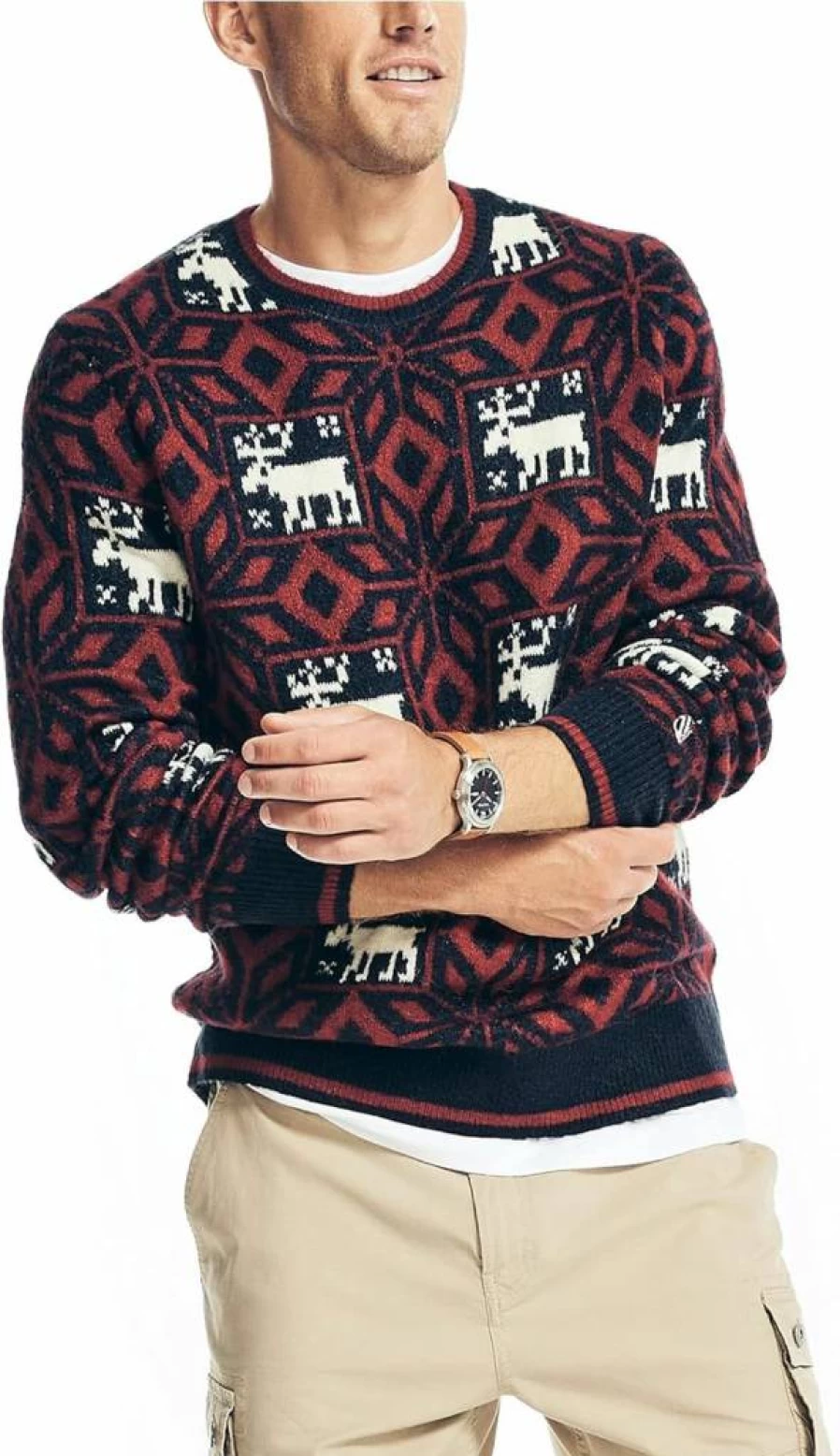 Nautica Men's Jacquard Knit Sweater Vintage-Inspired Printed Crewneck Pullover