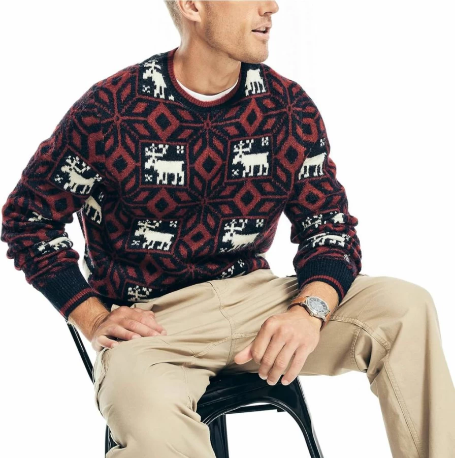 Nautica Men's Jacquard Knit Sweater Vintage-Inspired Printed Crewneck Pullover
