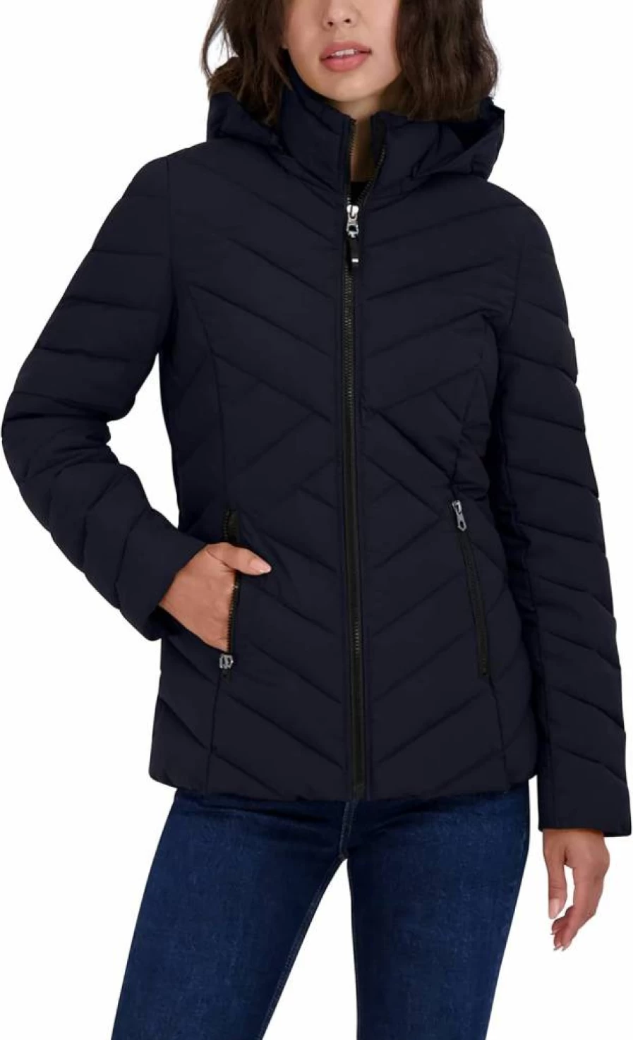 Nautica Women's Lightweight Puffer Jacket with Removable Hood - Stretchable Short Winter Coat