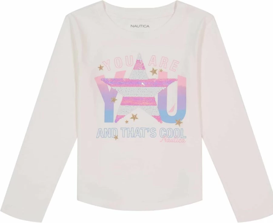 Nautica Girls' Long Sleeve Graphic Tee with Flip Sequin & Glitter Details