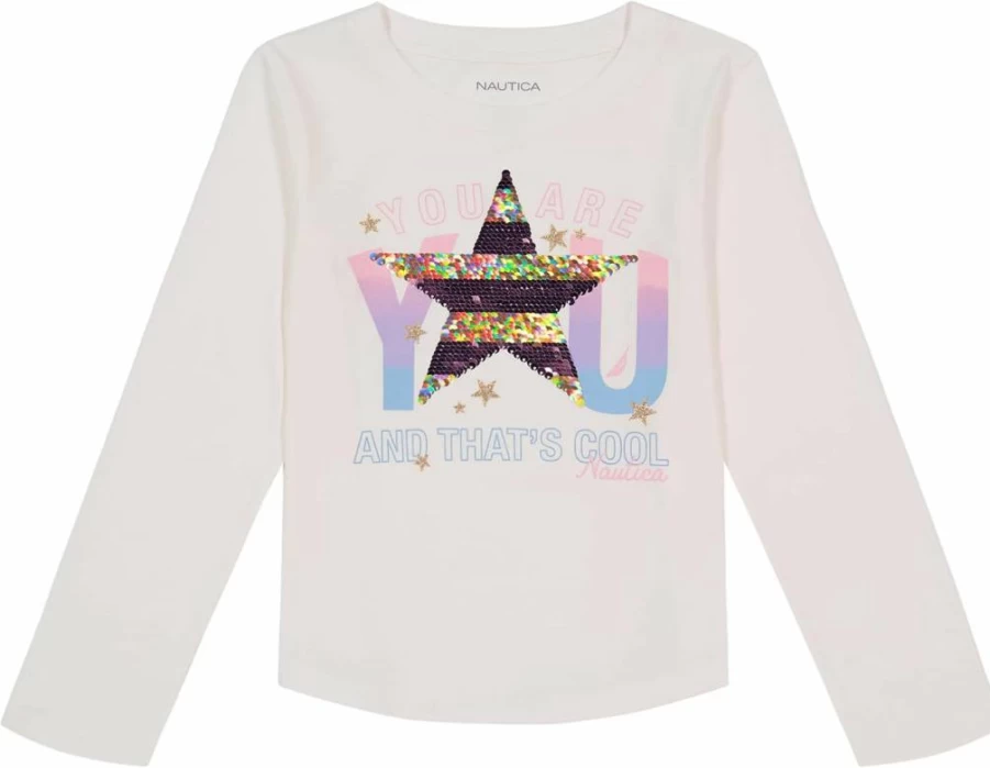 Nautica Girls' Long Sleeve Graphic Tee with Flip Sequin & Glitter Details