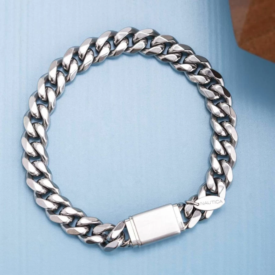 Nautica Men's 10mm Stainless Steel Cuban Link Chain Bracelet - 8.5 Inch Adjustable Luxury Jewelry