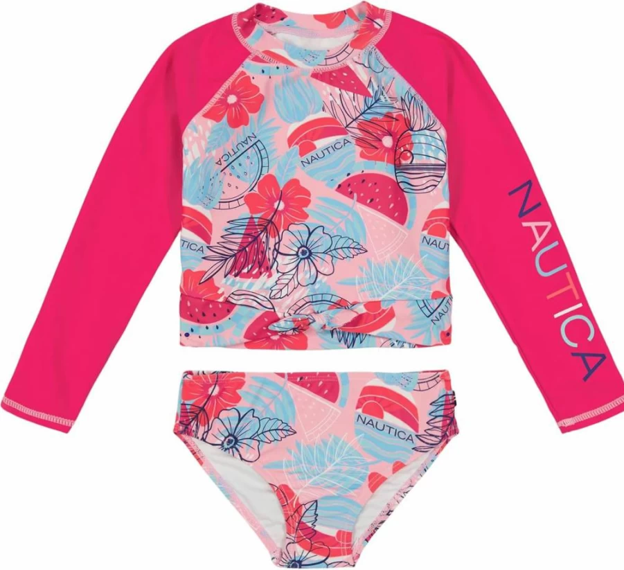 Nautica Girls' UPF 50+ Rashguard Swimsuit Set - Quick-Dry Two-Piece Bathing Suit for Sun Protection