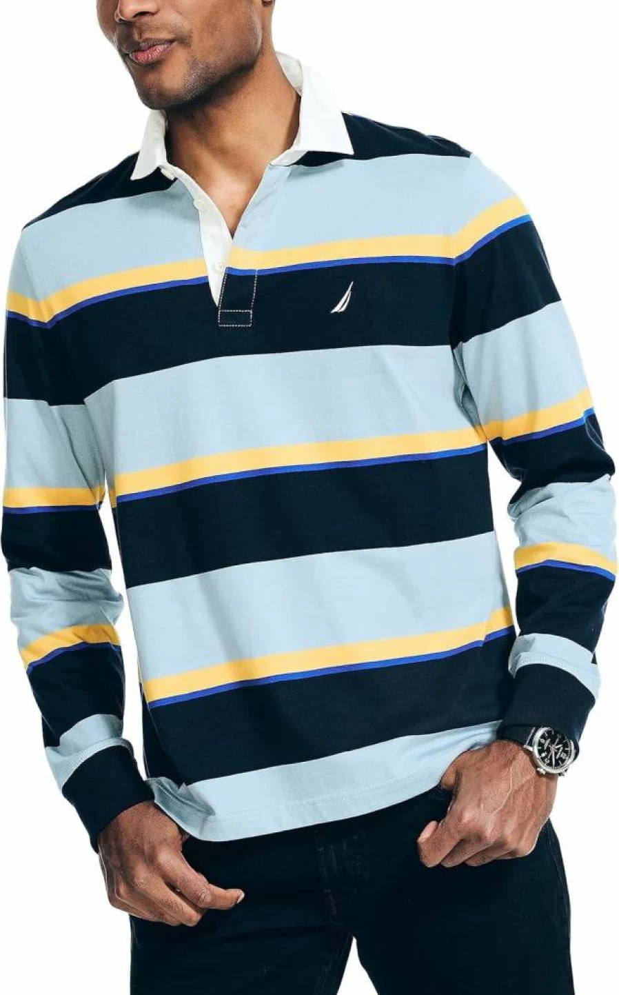 Nautica Men's Long-Sleeve Rugby Shirt - Classic Striped Polo for Casual Wear