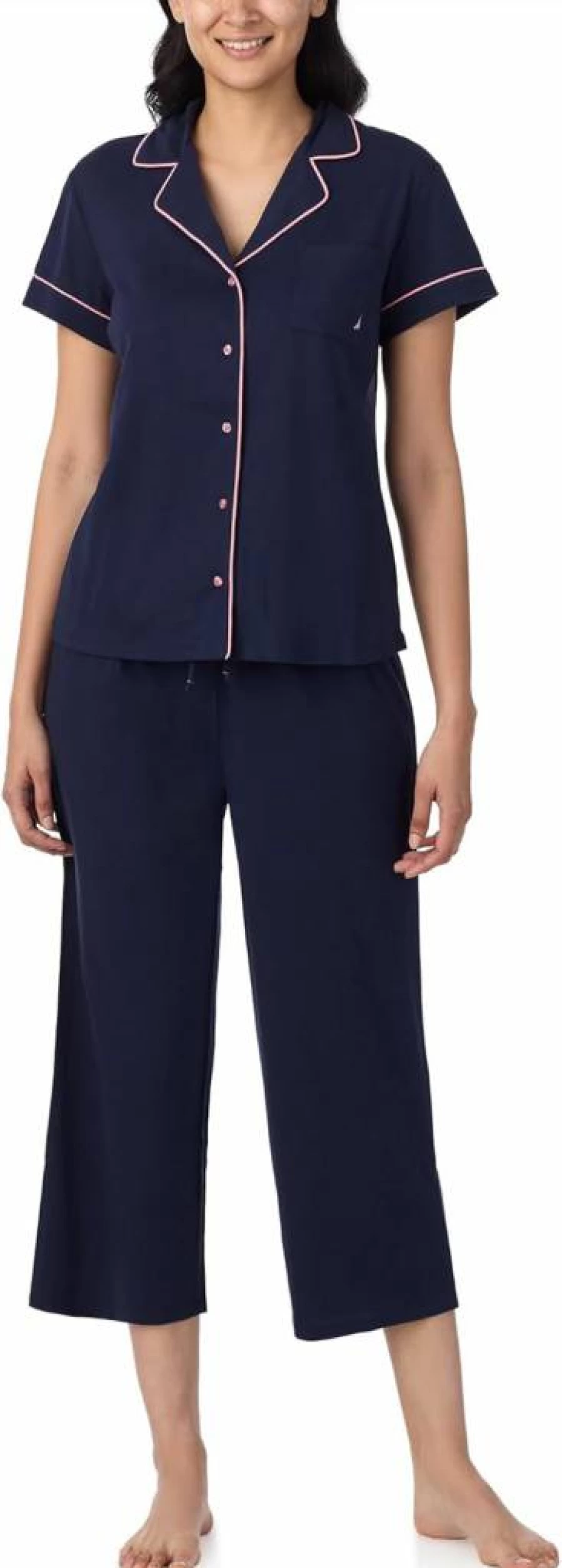 Nautica Women's Lightweight Short Sleeve Button-Down Pajama Set with Capri Pants - Comfortable Lounge Sleepwear