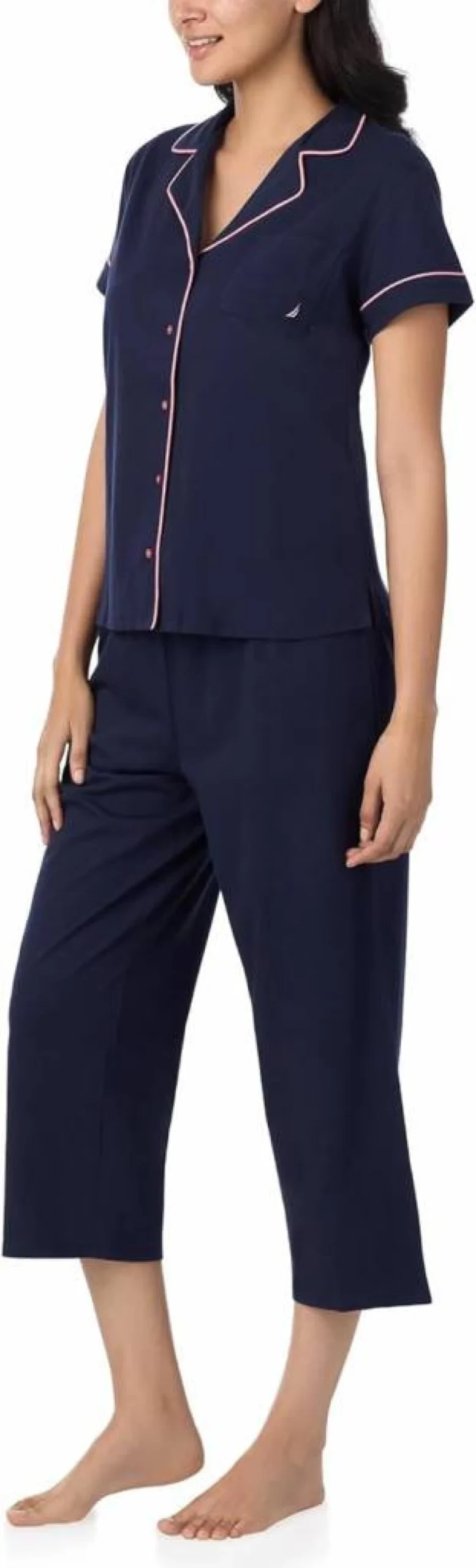 Nautica Women's Lightweight Short Sleeve Button-Down Pajama Set with Capri Pants - Comfortable Lounge Sleepwear