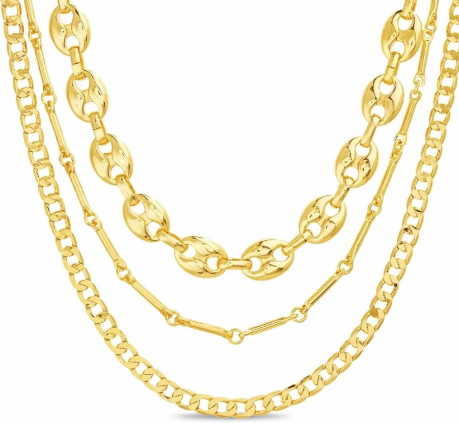 Nautica Women's 14K Gold Plated Layered Chain Necklace - Triple Row Puffy Link & Curb Statement Necklace in Yellow
