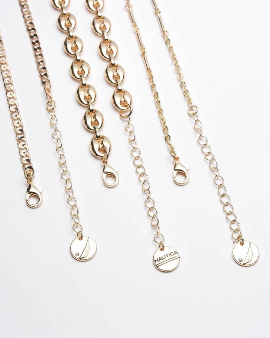 Nautica Women's 14K Gold Plated Layered Chain Necklace - Triple Row Puffy Link & Curb Statement Necklace in Yellow
