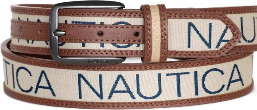 Nautica Men's Classic Casual Leather and Canvas Belt with Metal Buckle, Ribbon Detail, and Flag Design