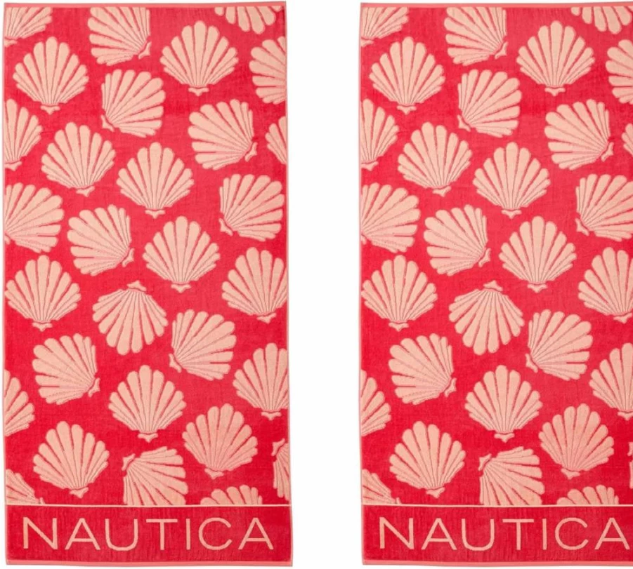 Nautica Oversized Beach Towel Set - 2-Pack Soft Plush Velour Towels, Quick Dry & Absorbent with Hanging Loop, Vacation Essentials for Adults & Travel, Tilted Logo Blue