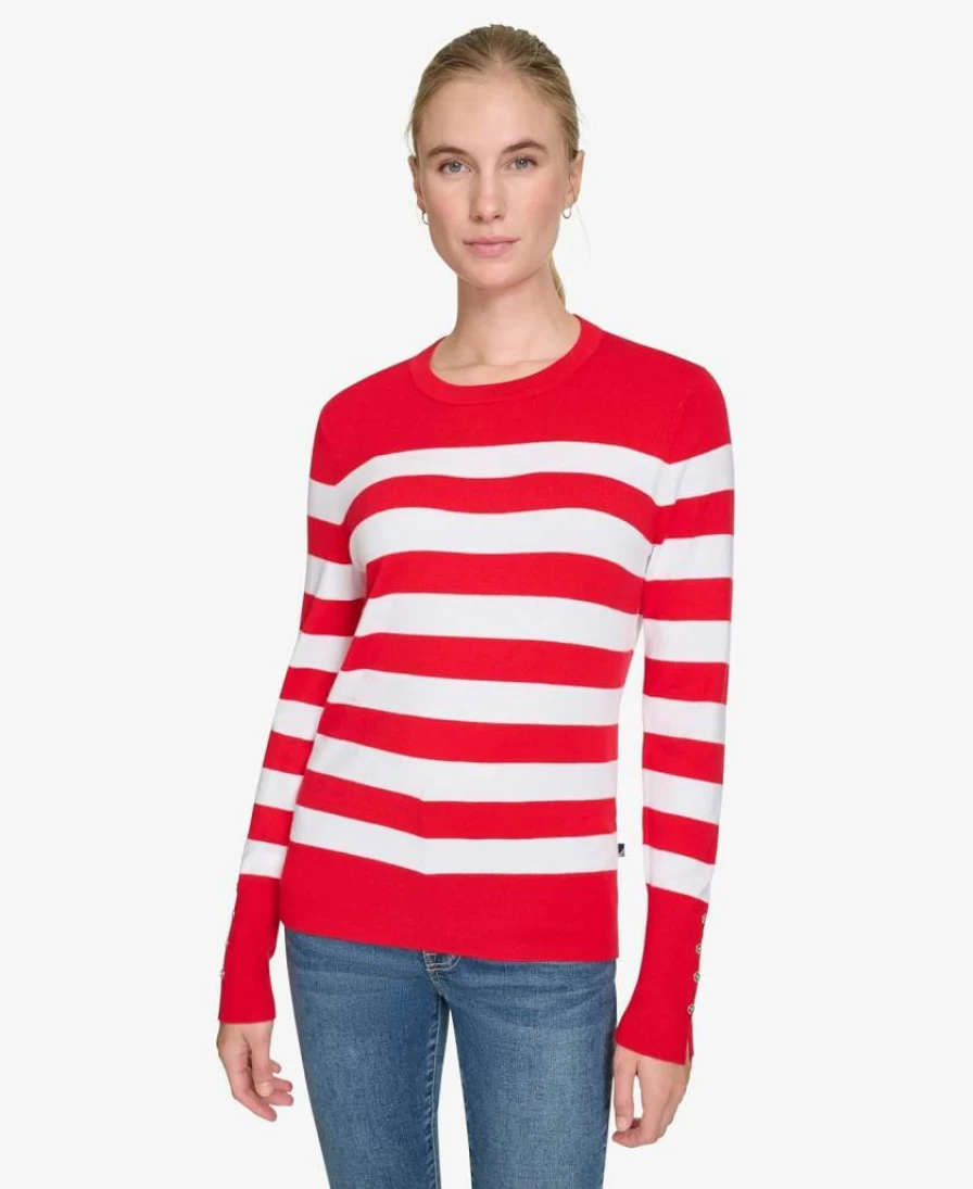 Nautica Women's Striped Long Sleeve Crewneck Sweater - Classic Casual Knit Top for Women