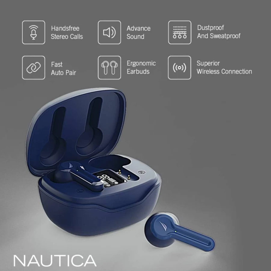 Nautica T400 True Wireless Earbuds Bluetooth 5.1, Touch Control in-Ear Headphones with Charging Case, Built-in Mic, Sweat-Proof Ergonomic Design, USB-C (Navy Blue)