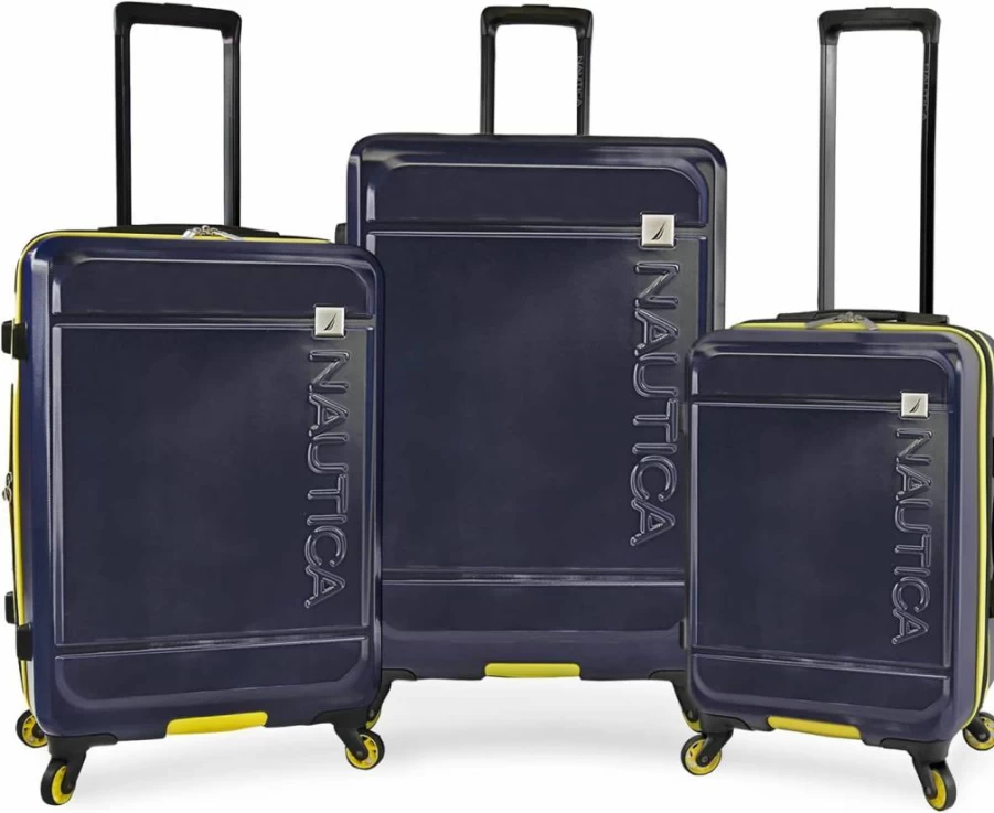 Nautica Roadie 3-Piece Hardside Luggage Set in Navy & Yellow – Durable Travel Suitcase Carry-On Spinner