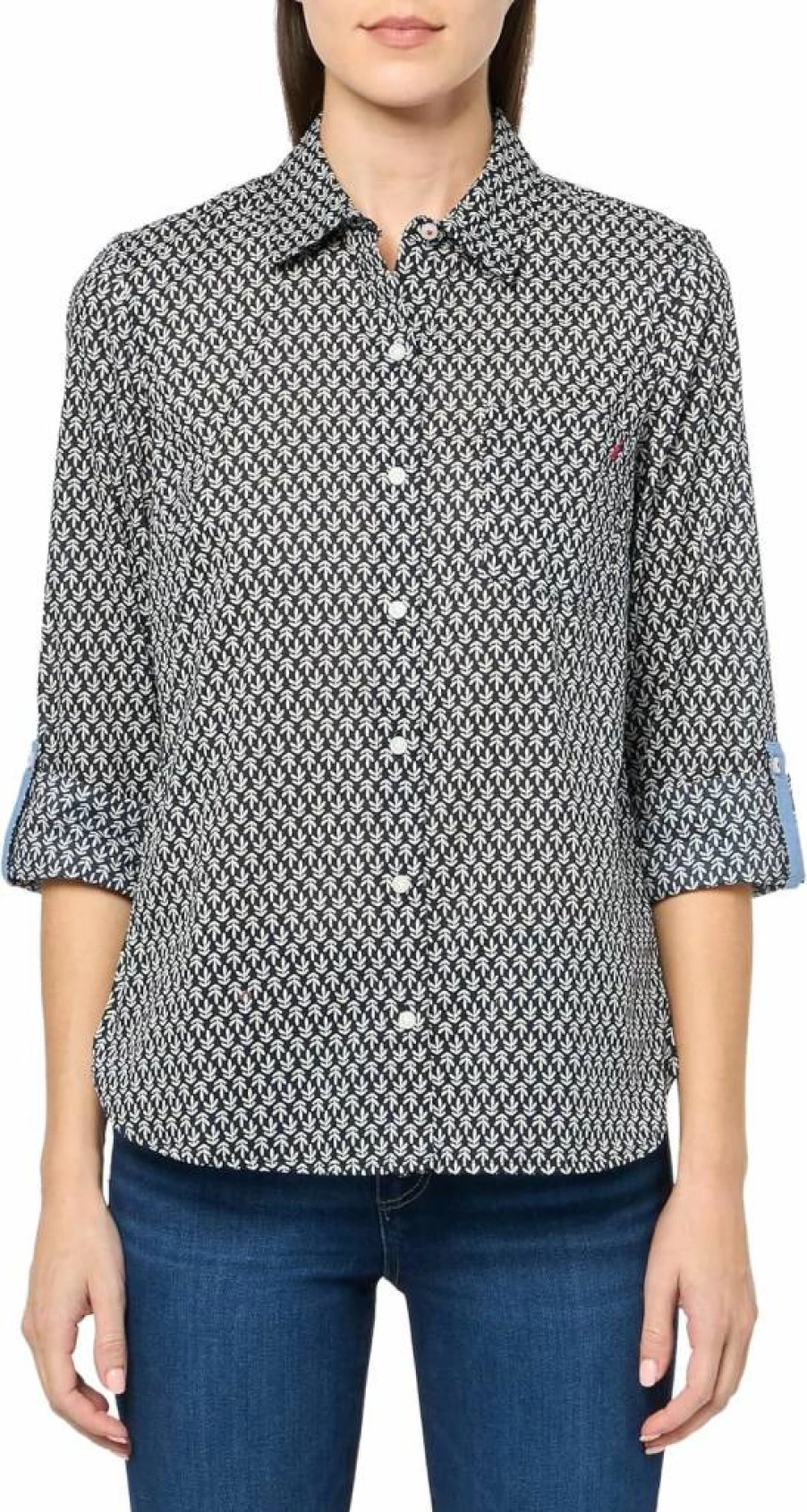 Nautica Women's Long Sleeve Button-Down Shirt with Roll Tab Cuff Detail