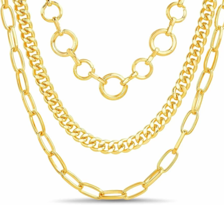 Nautica Women's 14K Gold Plated Layered Chain Necklace - Three Row Statement Brass Necklace in Gold Tone