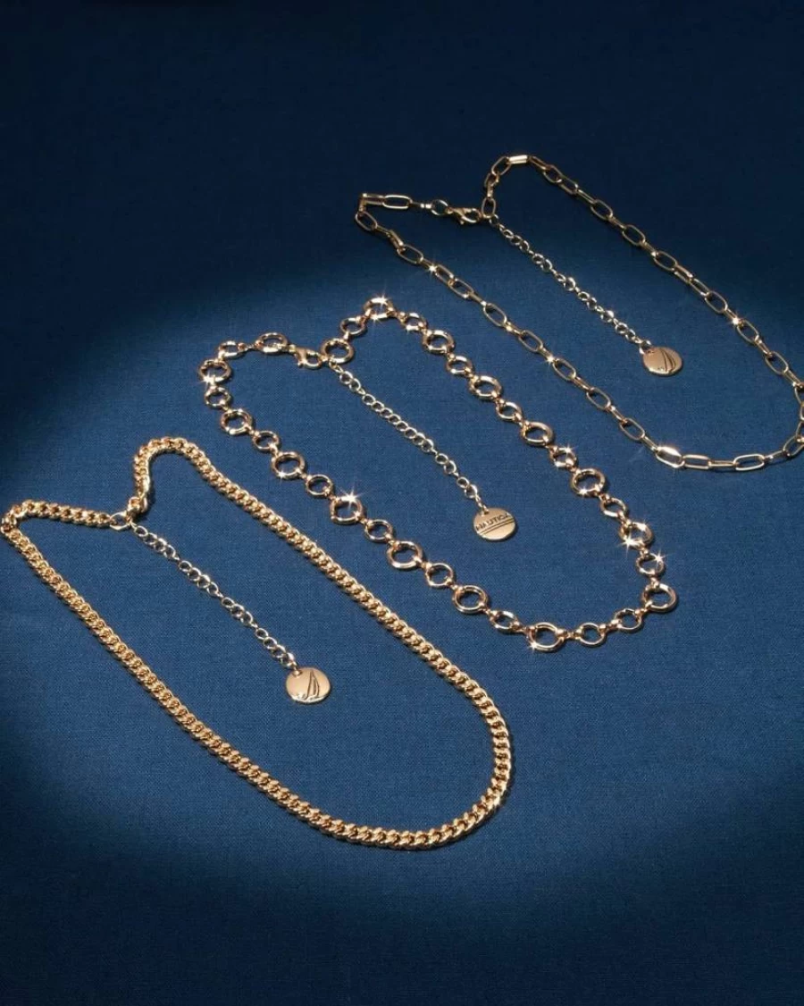 Nautica Women's 14K Gold Plated Layered Chain Necklace - Three Row Statement Brass Necklace in Gold Tone