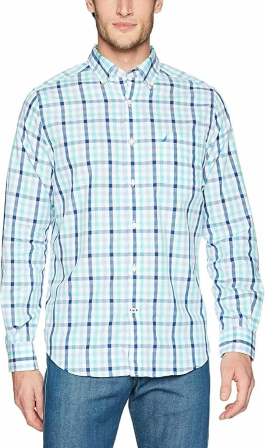 Nautica Men's Long Sleeve Button-Down Shirt Wrinkle Resistant Casual Dress Shirt