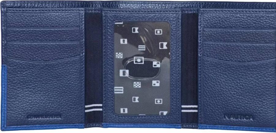Nautica Men's Genuine Leather RFID Blocking Trifold Wallet with ID Window & Multiple Card Slots | Durable Designer Wallet for Men