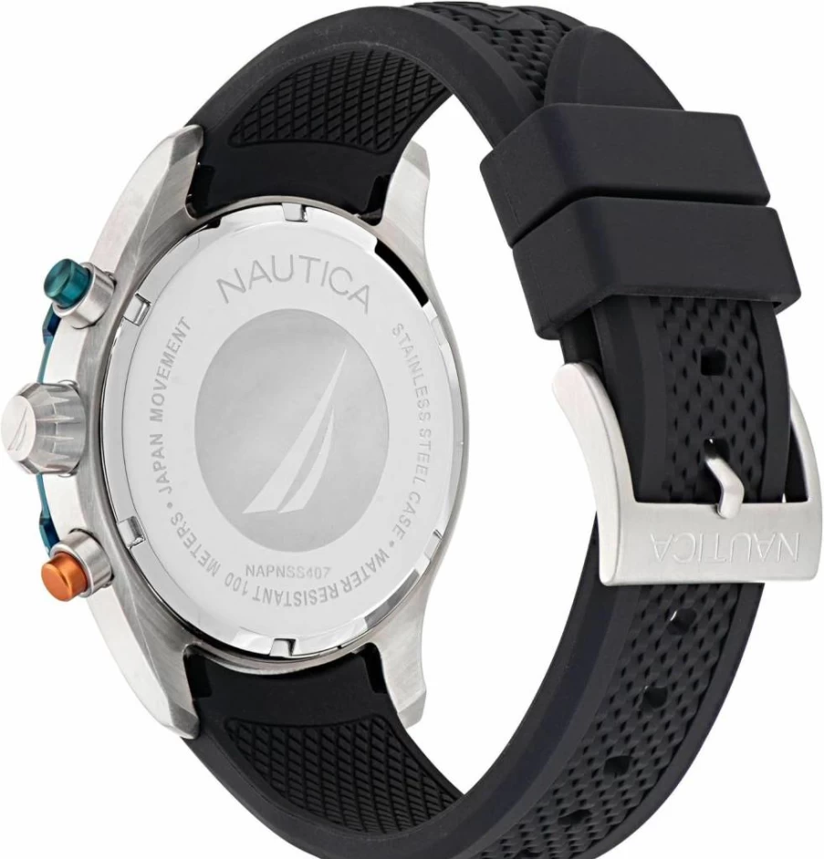 Nautica Men's Black Silicone Watch - Waterproof Casual Chronograph Timepiece with Date Display - Model NAPNSS407