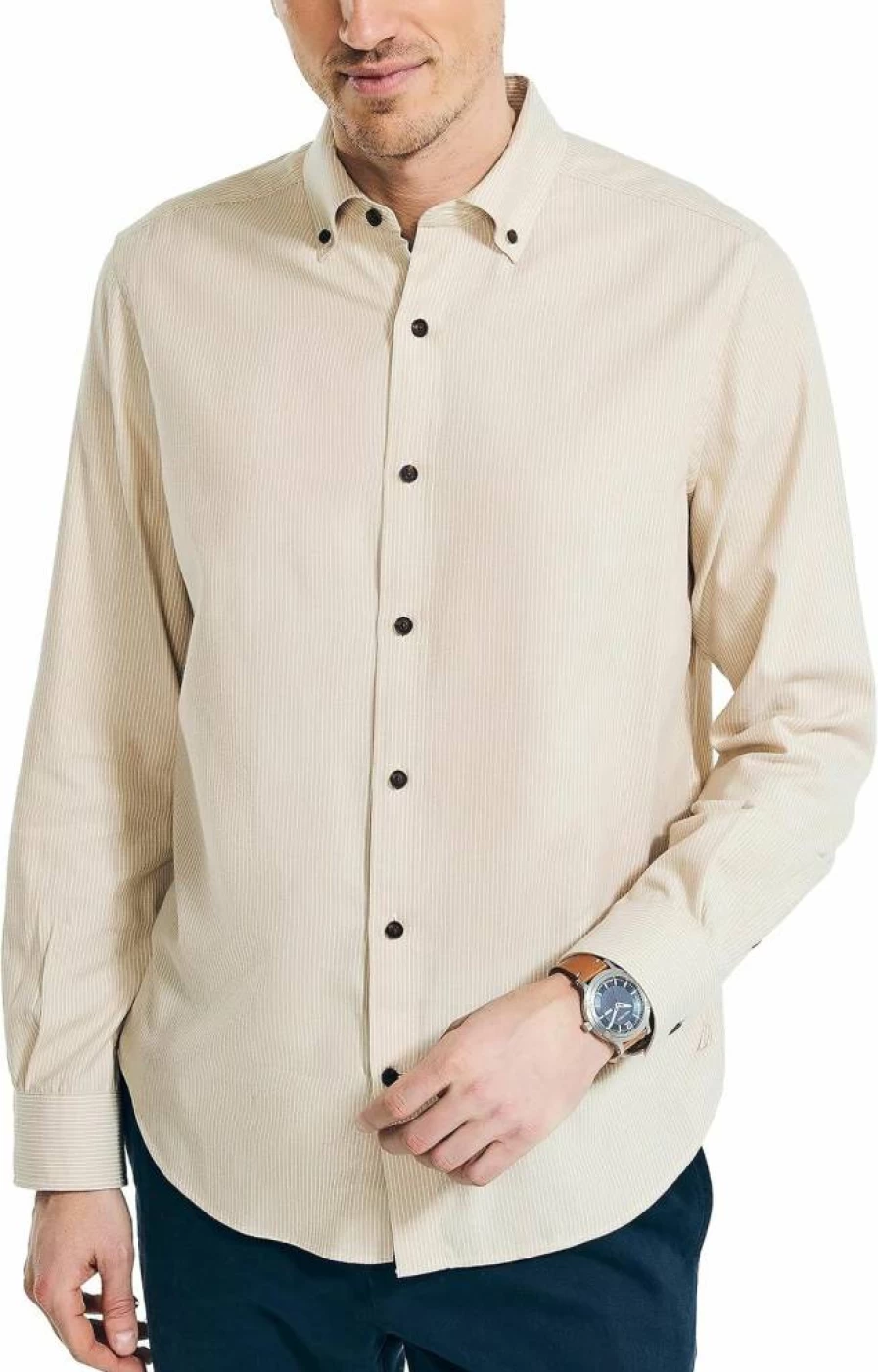 Nautica Men's Classic Striped Casual Shirt - Slim Fit Long Sleeve Button Down Top for Men