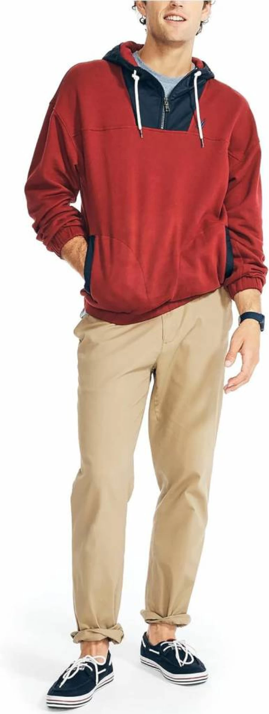 Nautica Men's Mixed Media Pullover Hoodie - Lightweight Casual Zip-Up Sweatshirt for Men